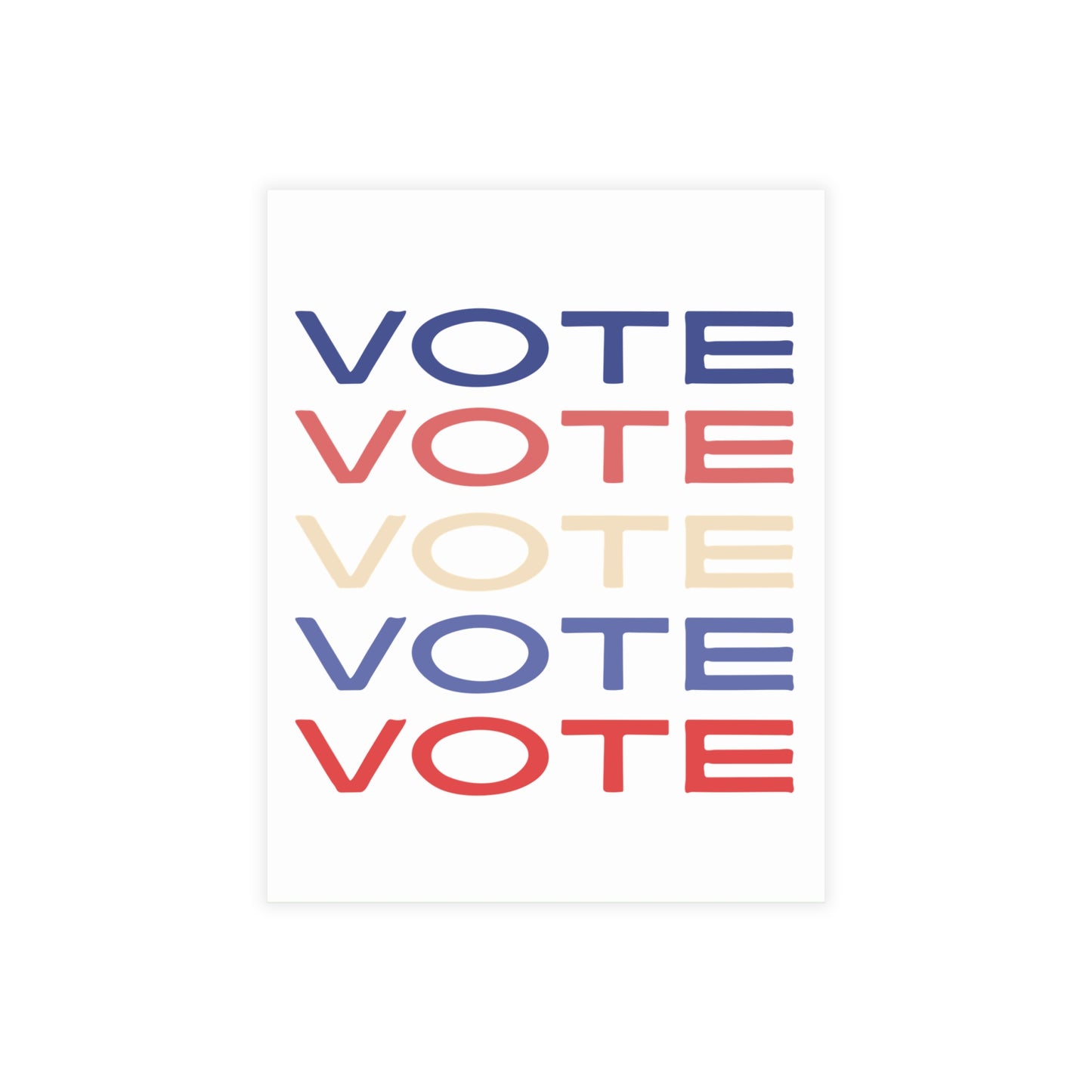 A minimalist typographic art print featuring the word 'VOTE' repeated five times in a stacked layout, with alternating colors of dark blue, muted red, warm cream, dark blue, and muted red on a white background.