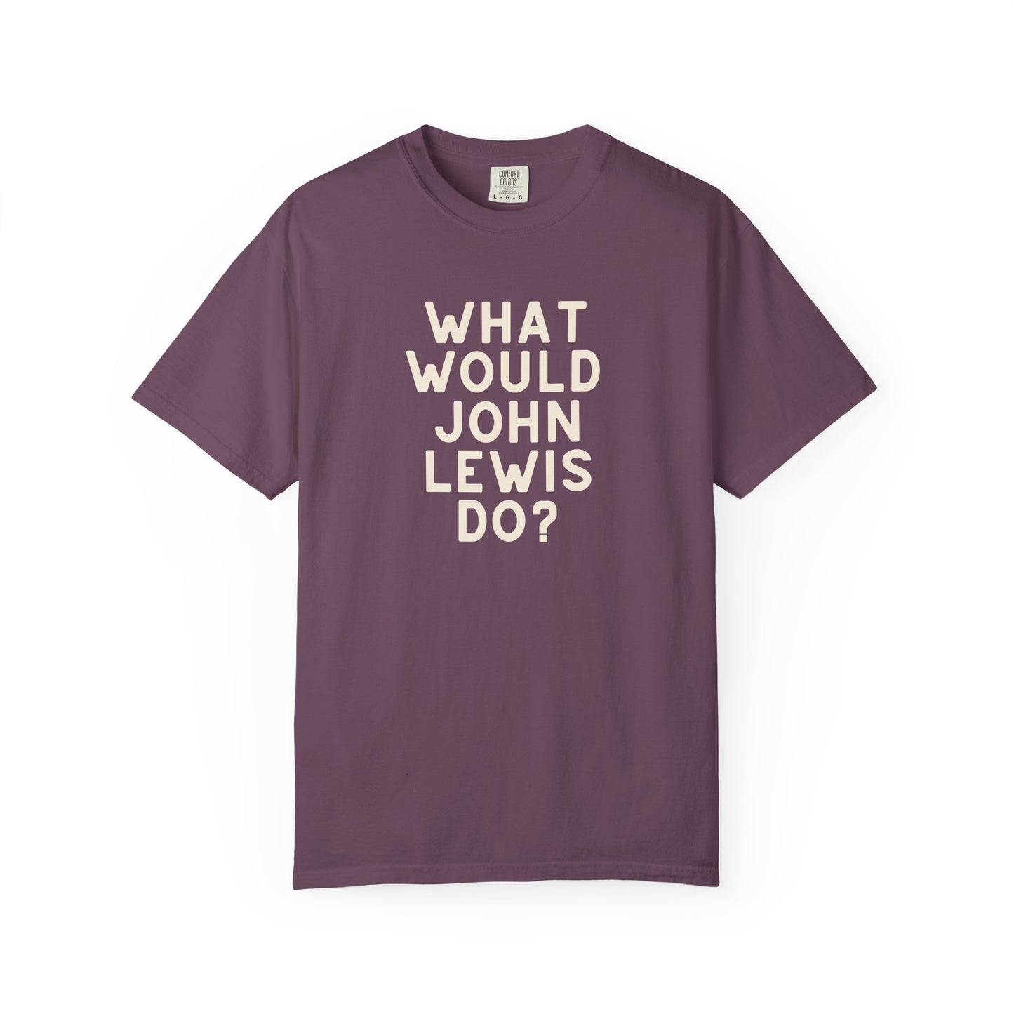 Berry t-shirt with 'What Would John Lewis Do?' in cream text
