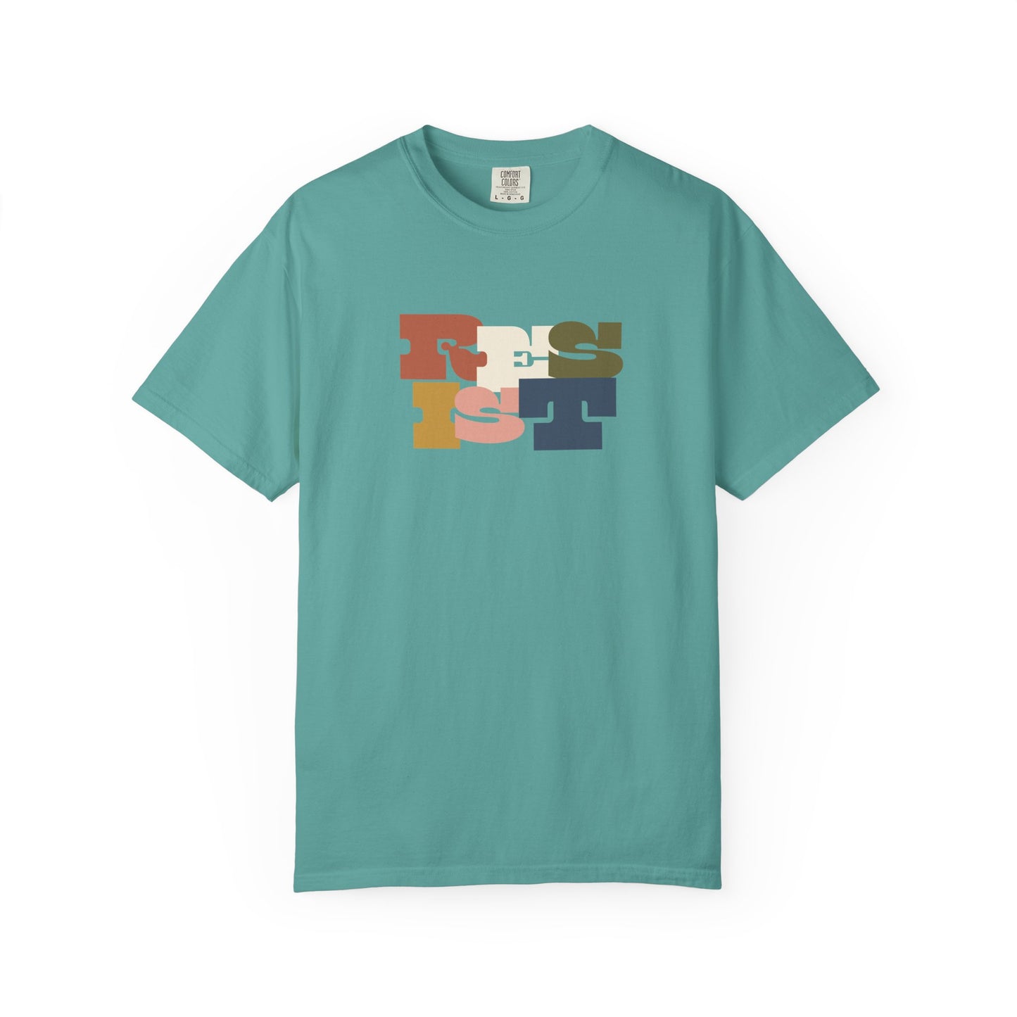 Teal t-shirt with colorful "RESIST" text design