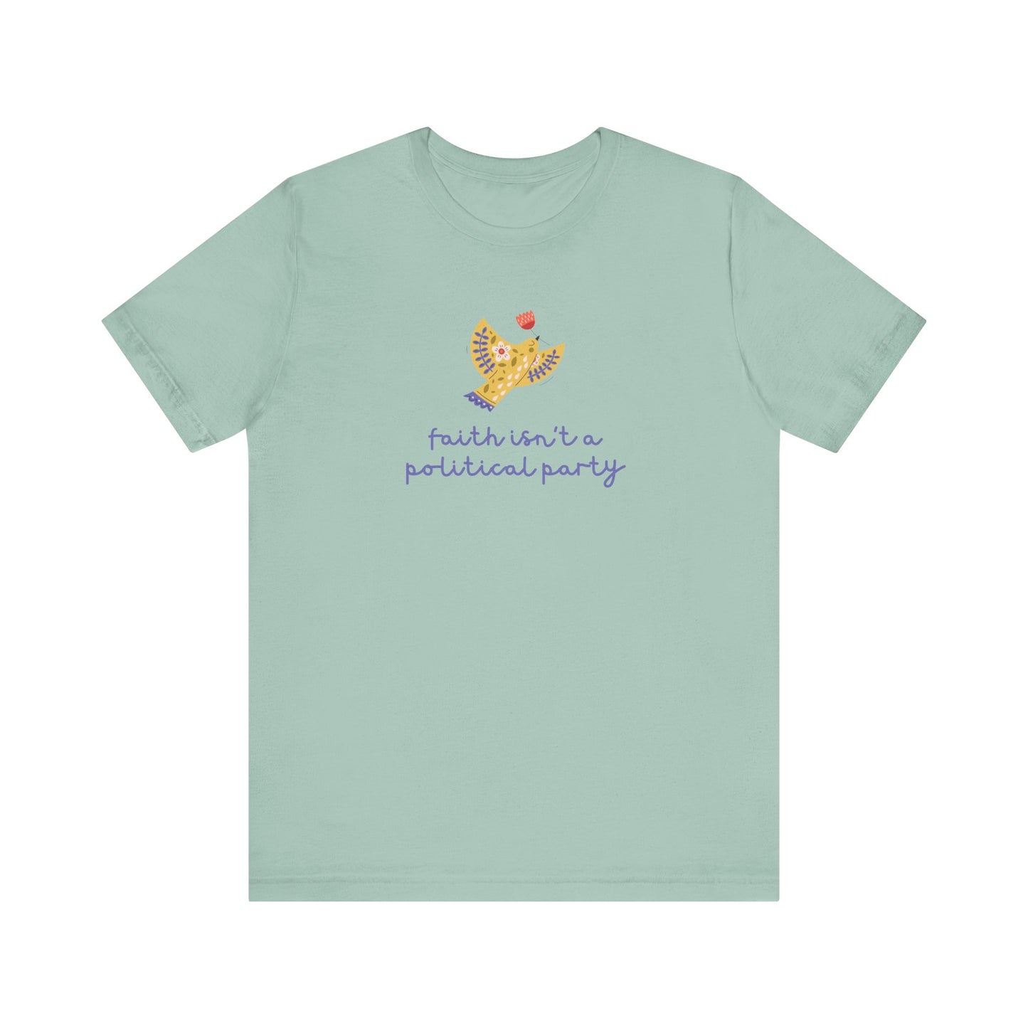 Mint green t-shirt with folk art dove graphic and purple text "faith isn't a political party"