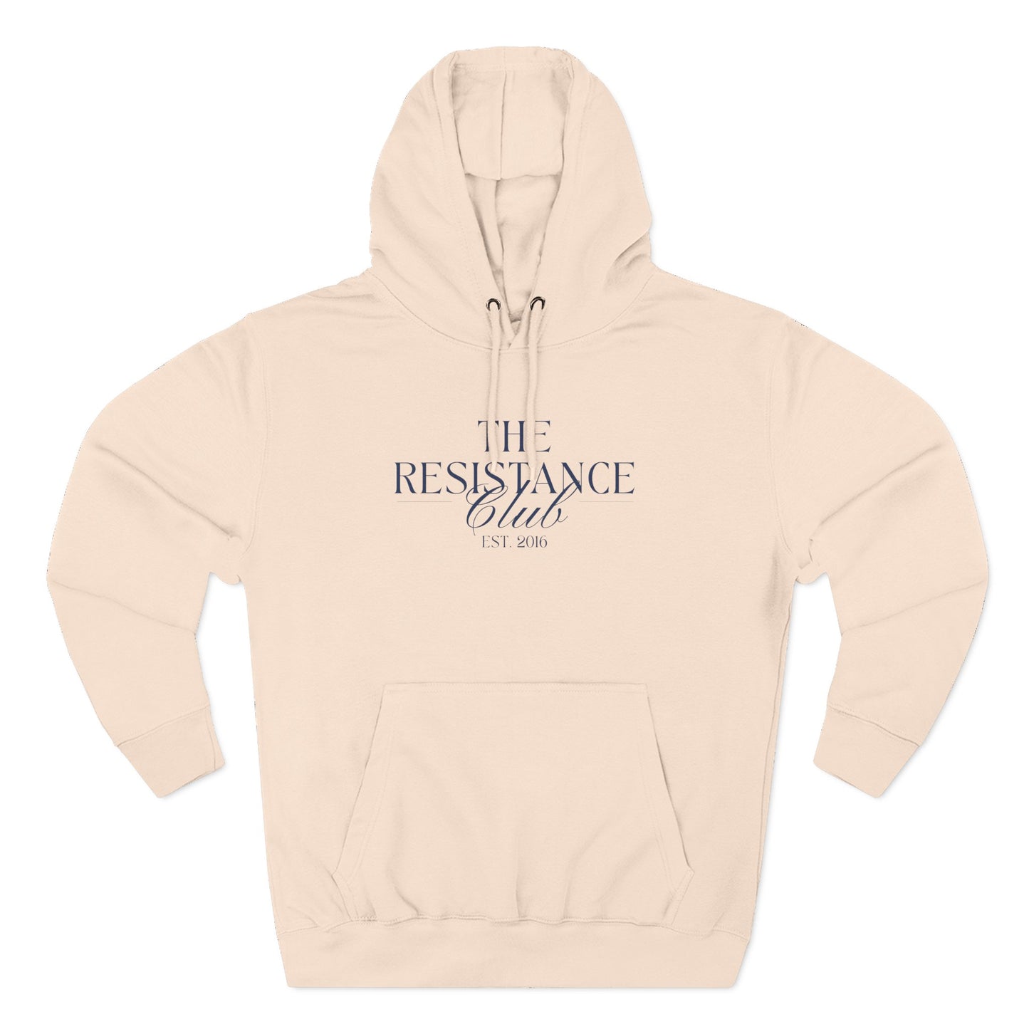 Light pink hoodie with 'The Resistance Club est. 2016' navy blue text