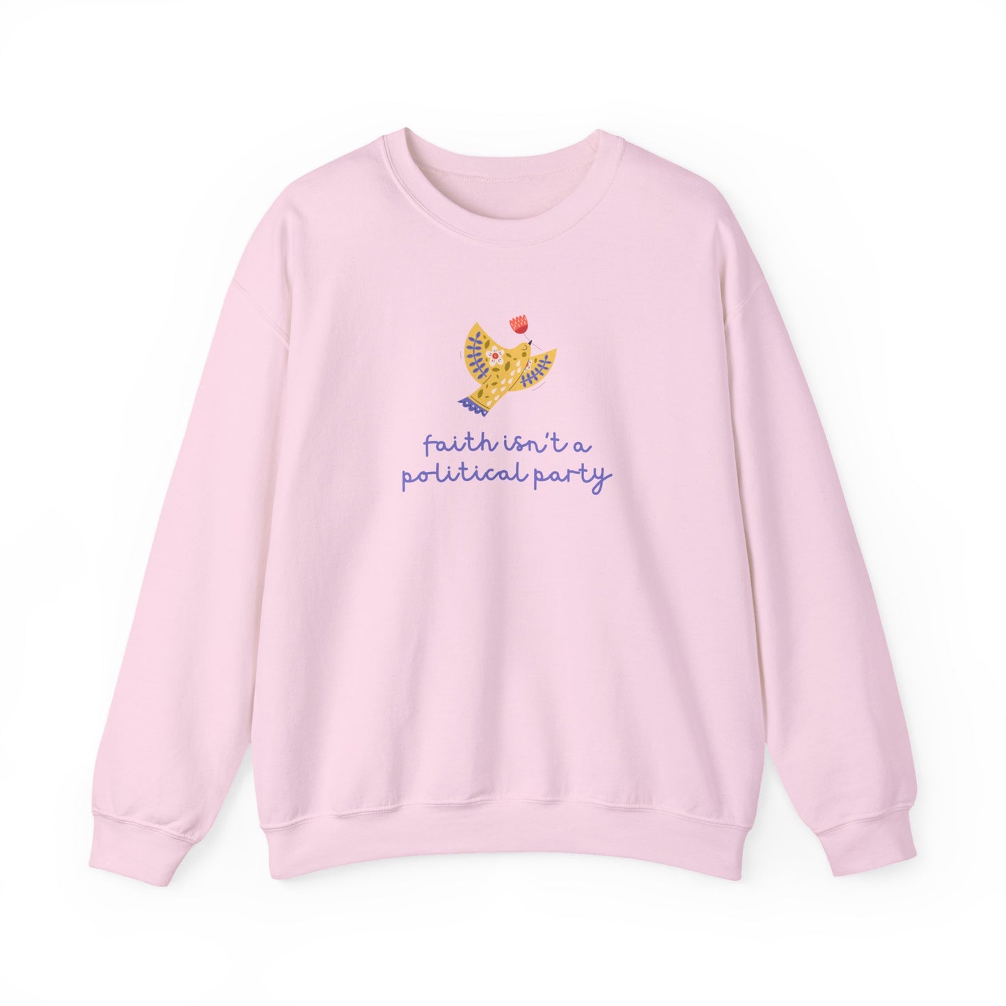 Light pink sweatshirt with a folk art dove graphic and purple text "faith isn't a political party"