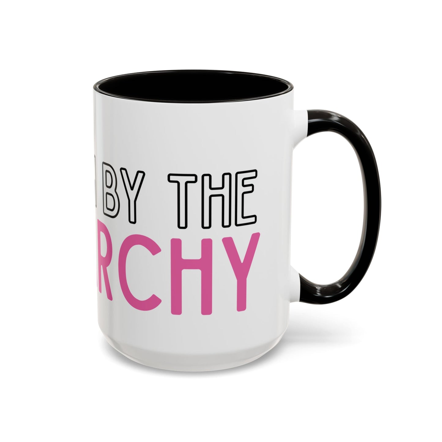 White ceramic 15 oz coffee or tea mug with black interior and handle and wraparound text 'GRAB THE PATRIOT' in black and pink