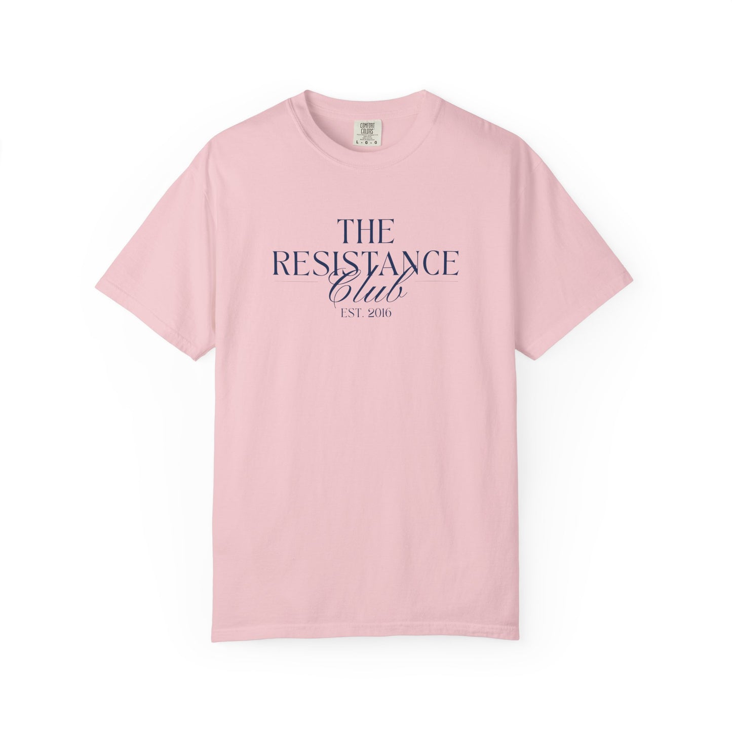 Pink t-shirt with 'The Resistance Club' navy blue text