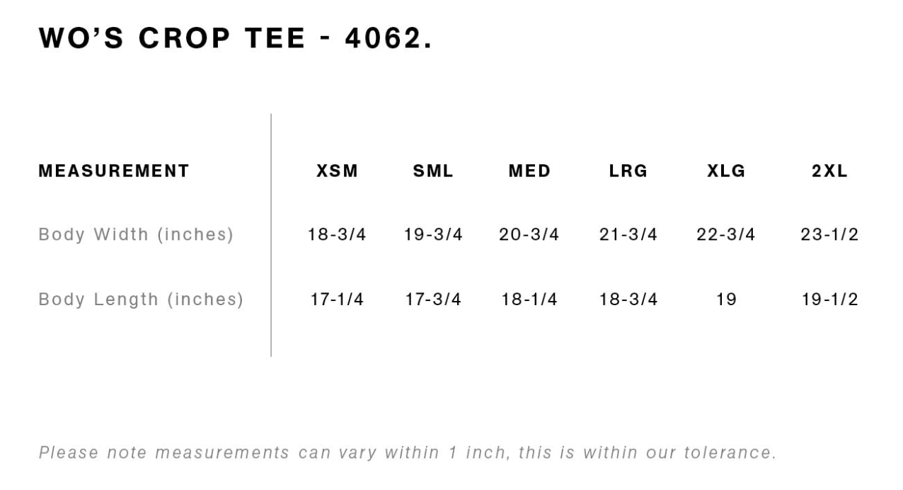 AS Colour 4062 women's cropped tee size chart