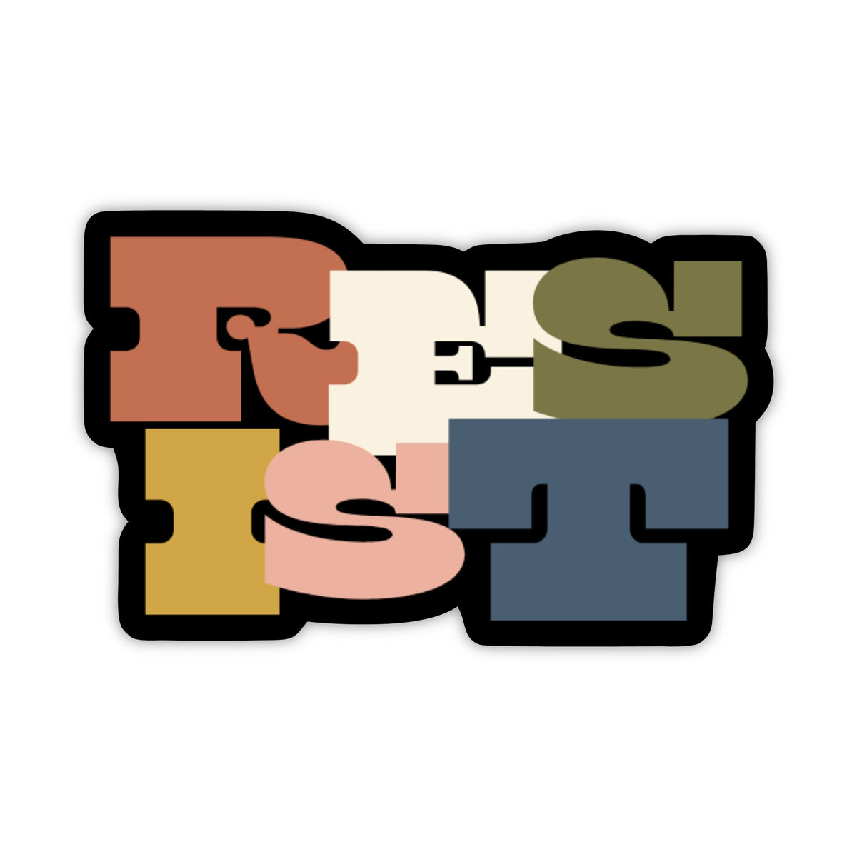 Sticker with black background with the word "RESIST" in different colors for each letter: coral, cream, olive green, gold, light pink, country blue.