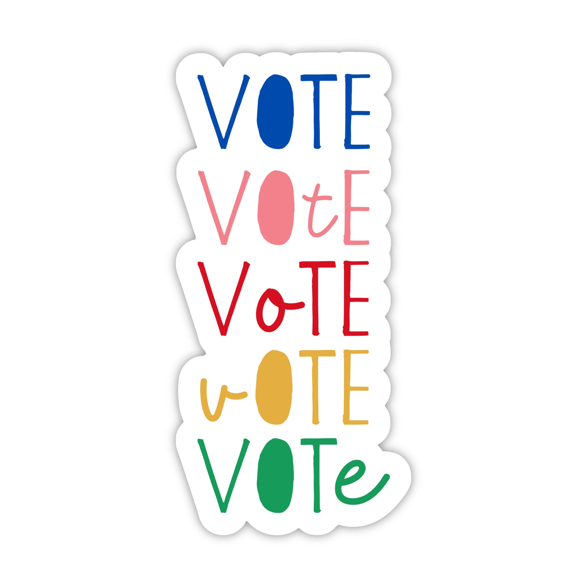 Colorful stack of the word "VOTE" repeated 5 times in blue, pink, red, yellow, and green.