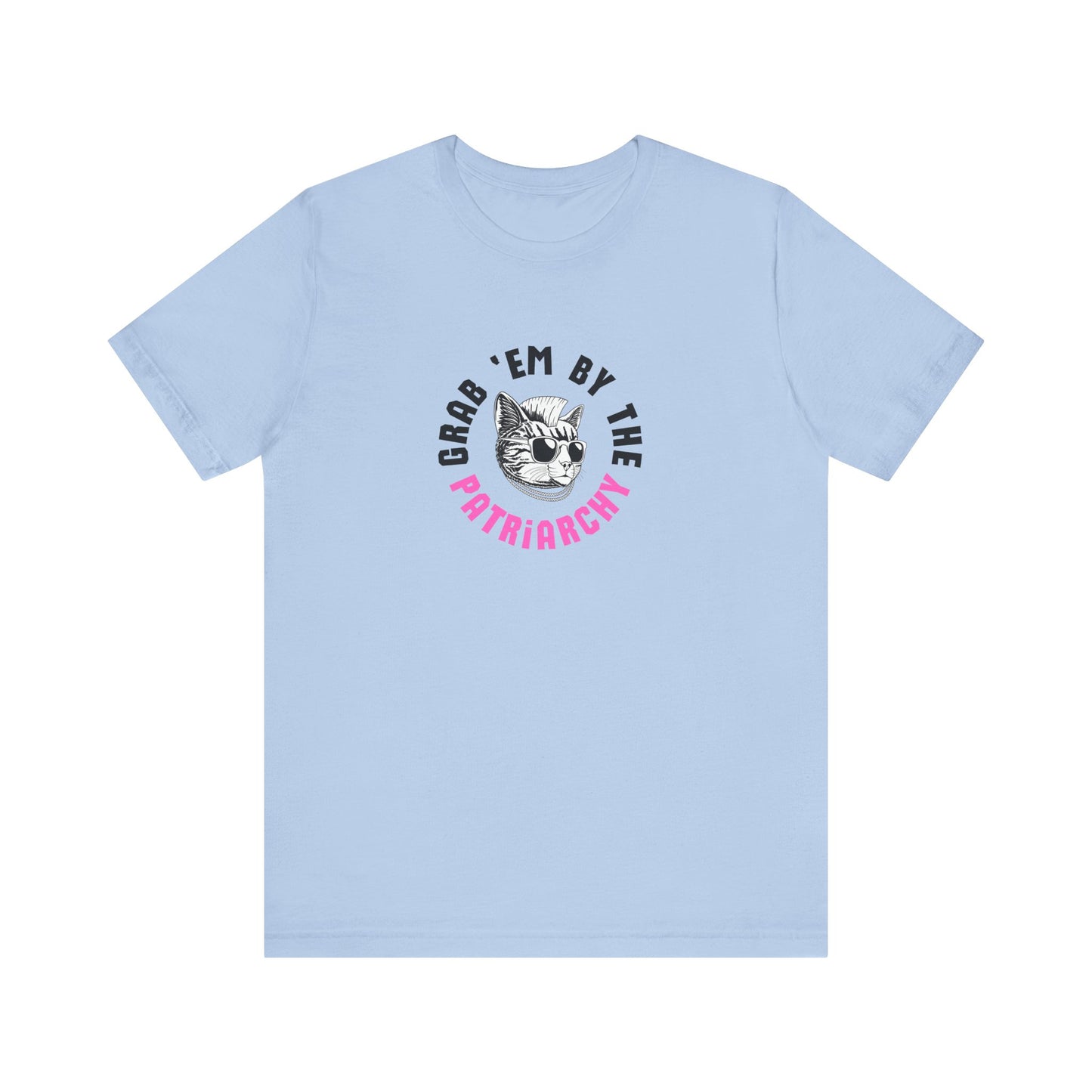 Light blue t-shirt with punk rock graphic design and black and hot pink text "grab 'em by the patriarchy"