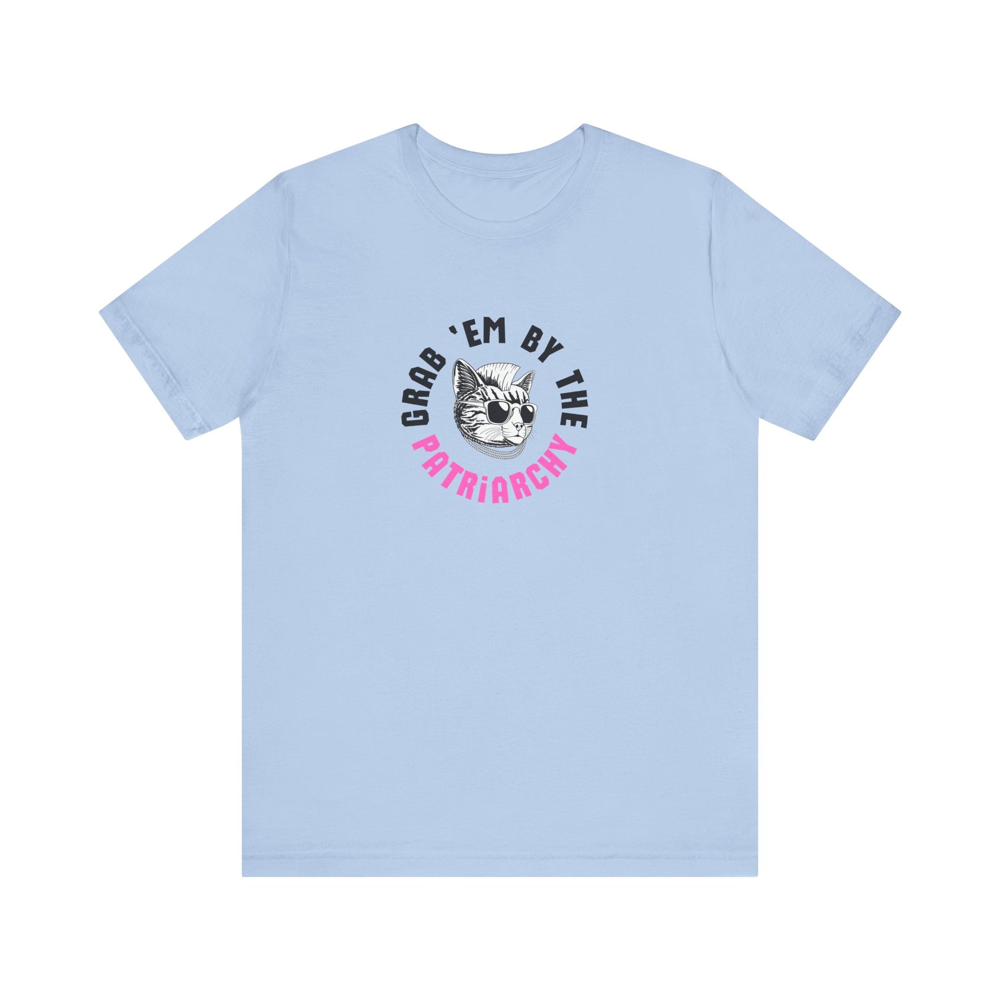 Light blue t-shirt with punk rock graphic design and black and hot pink text "grab 'em by the patriarchy"