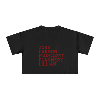 Black cropped women's tee with red text "Zora, Carson, Margaret, Flannery, Lillian"