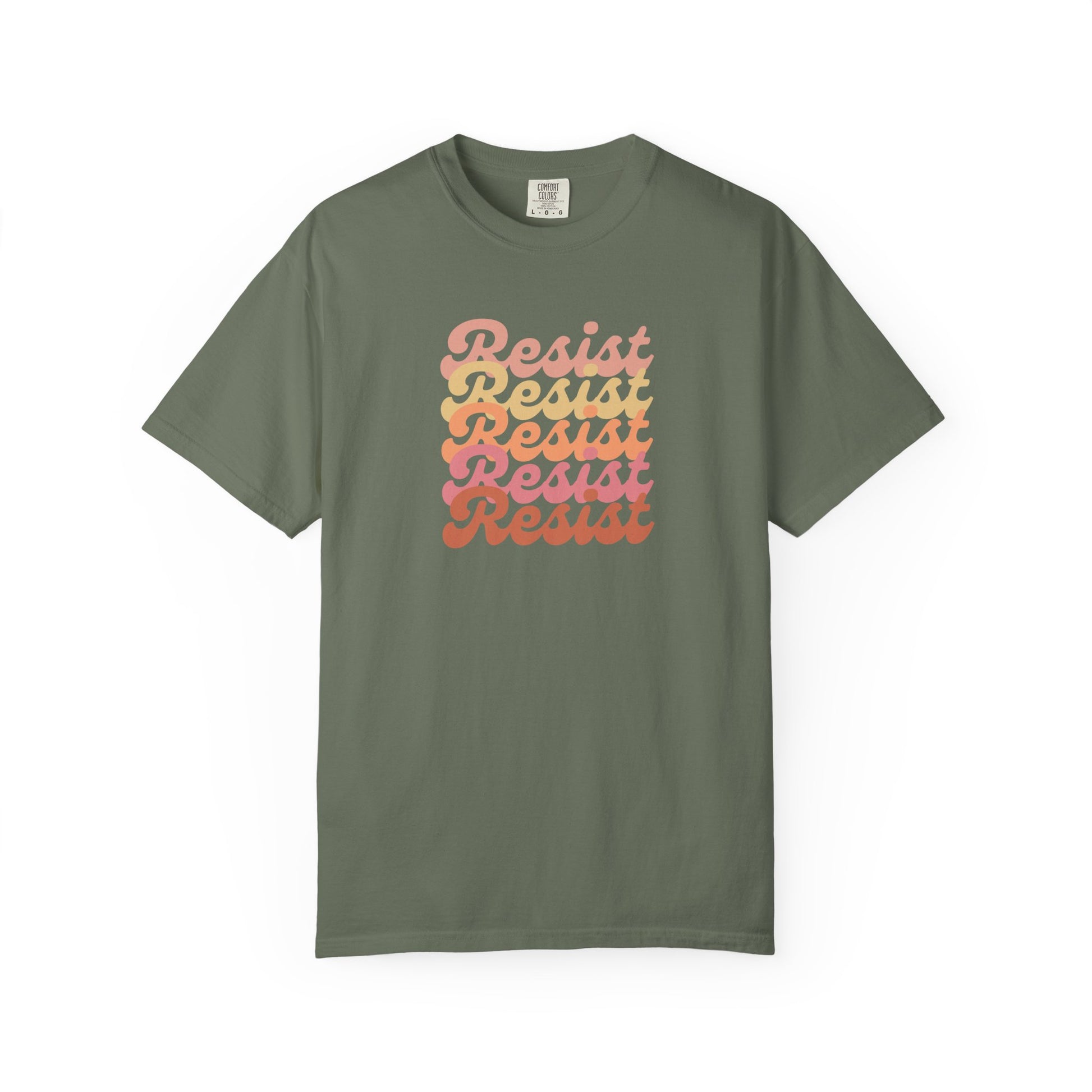 Green unisex t-shirt with 'Resist' text in a gradient of colors