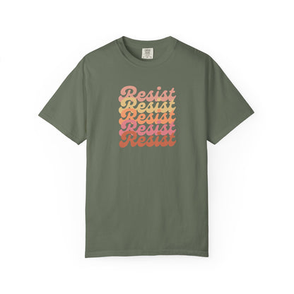 Green unisex t-shirt with 'Resist' text in a gradient of colors