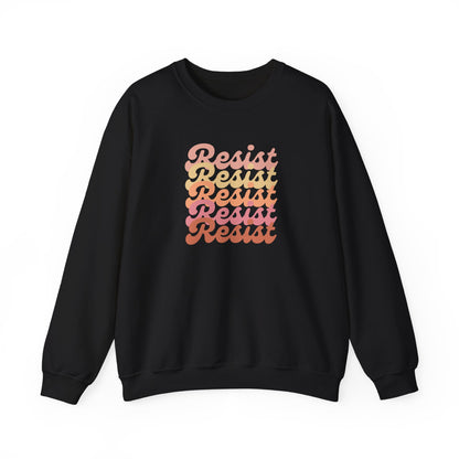 Black unisex crewneck sweatshirt with 'Resist' printed in gradient colors 
