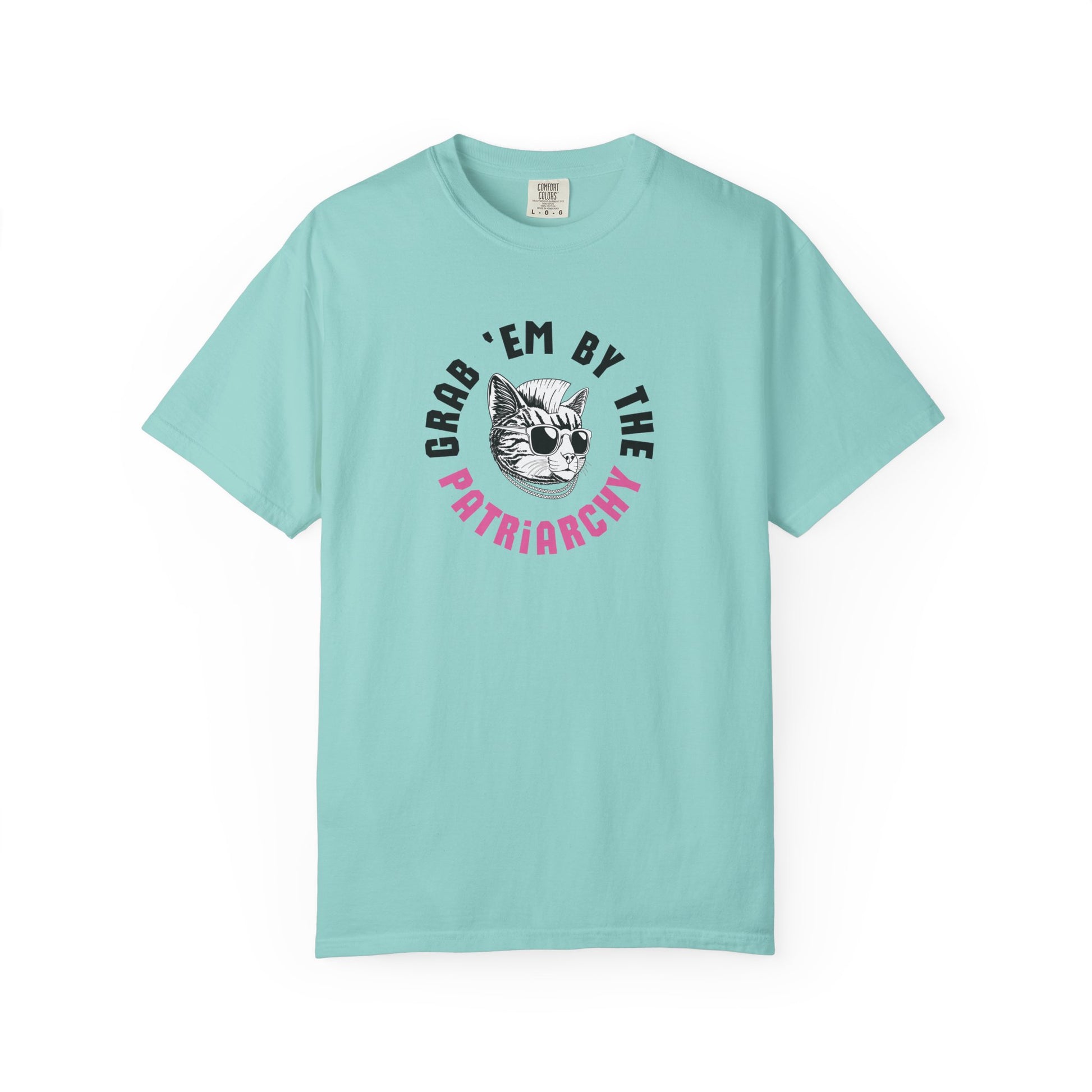Mint green t-shirt with punk rock cat graphic design and black and pink text "grab 'em by the patriarchy"