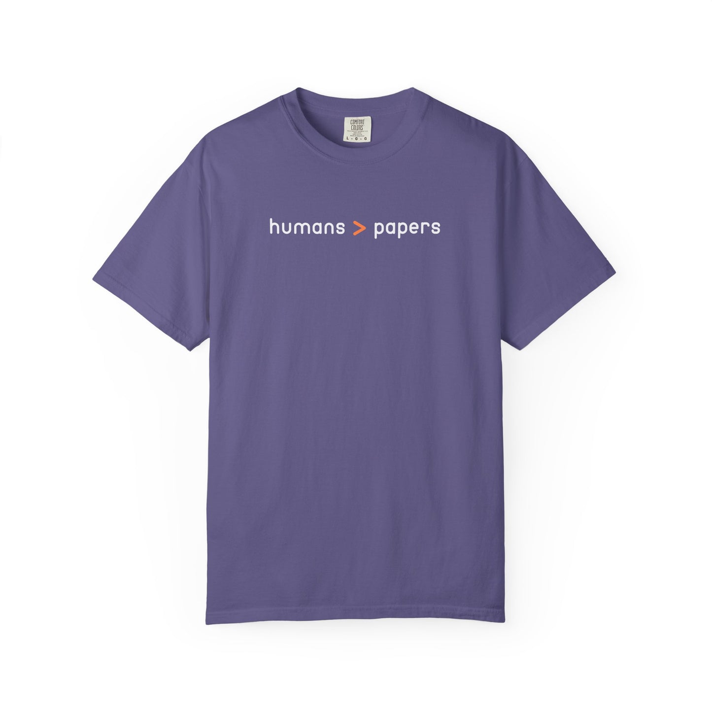 Purple t-shirt with white and orange 'humans > papers' text 