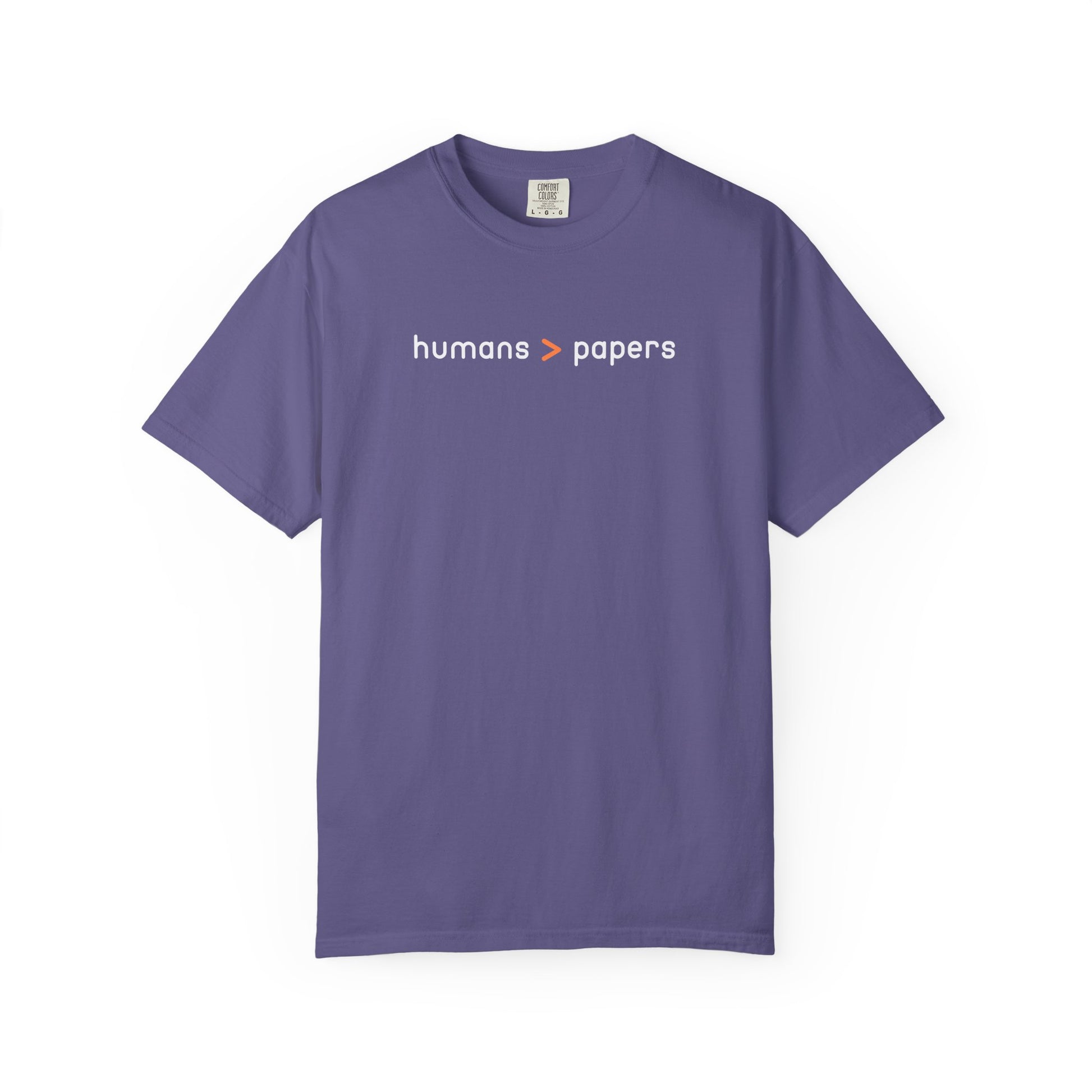 Purple t-shirt with white and orange 'humans > papers' text 