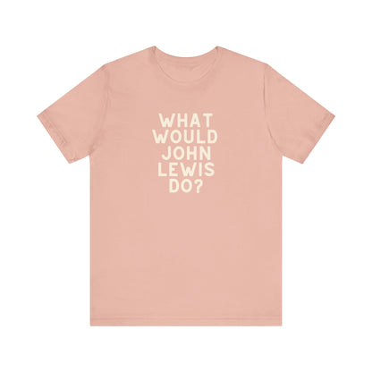 Pink unisex t-shirt with 'What Would John Lewis Do?' cream text