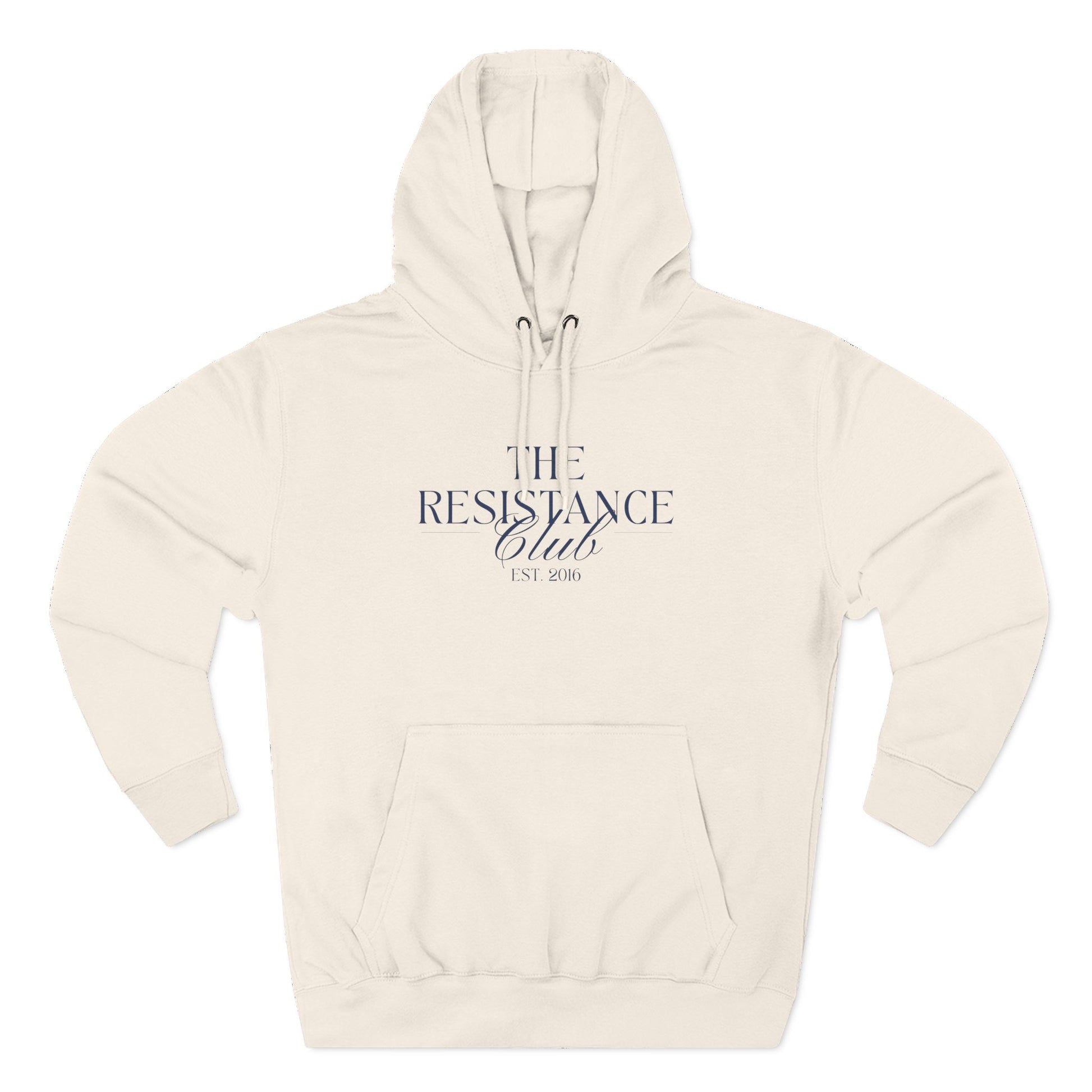 Beige hoodie with 'The Resistance Club est. 2016' navy blue text