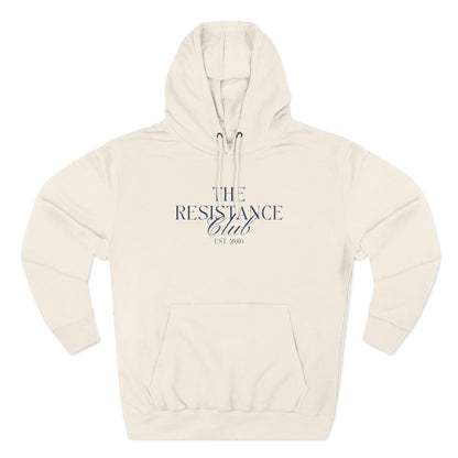 Beige hoodie with 'The Resistance Club est. 2016' navy blue text