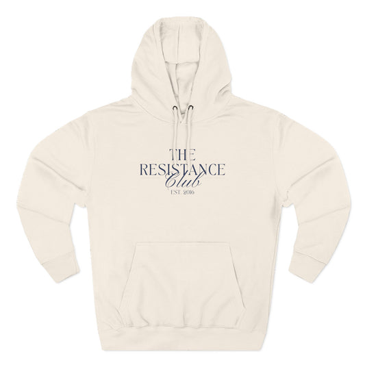 Beige hoodie with 'The Resistance Club est. 2016' navy blue text