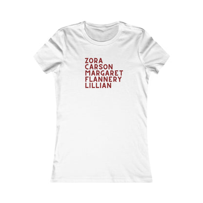 White t-shirt with red text "Zora, Carson, Margaret, Flannery, Lillian"