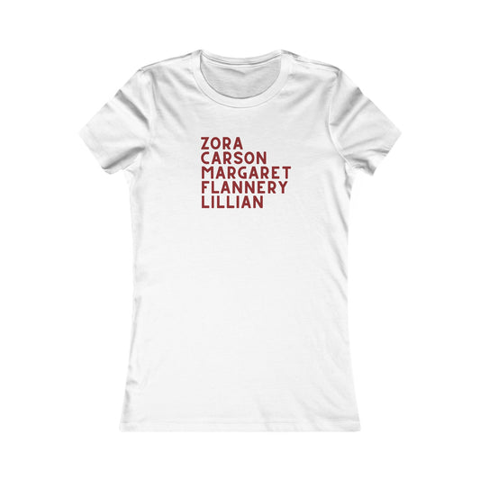 White t-shirt with red text "Zora, Carson, Margaret, Flannery, Lillian"