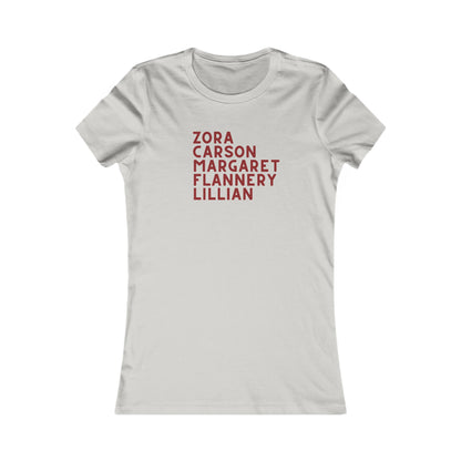 Light gray t-shirt with red text "Zora, Carson, Margaret, Flannery, Lillian"