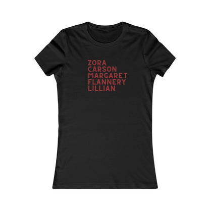 Black t-shirt with red text "Zora, Carson, Margaret, Flannery, Lillian"