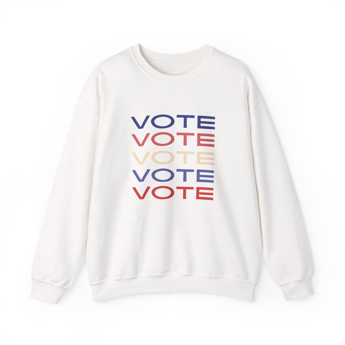 A white crewneck sweatshirt featuring a stacked graphic print of the word 'VOTE' in blue, red, and beige, displayed on a clean white background.