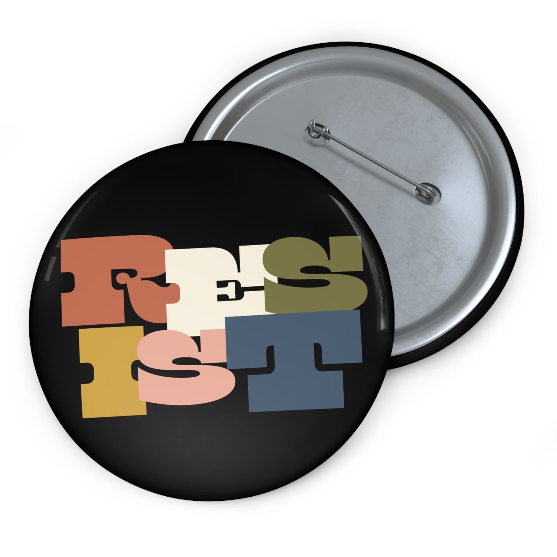 Black button colorful letter design "RESIST"