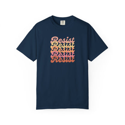 Navy blue unisex t-shirt with 'Resist' text in a gradient of colors