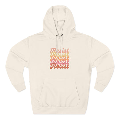 Beige hoodie with 'Resist' text in gradient colors 