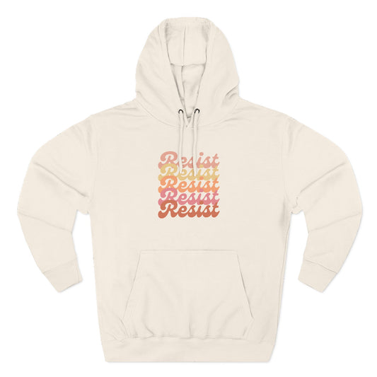Beige hoodie with 'Resist' text in gradient colors 