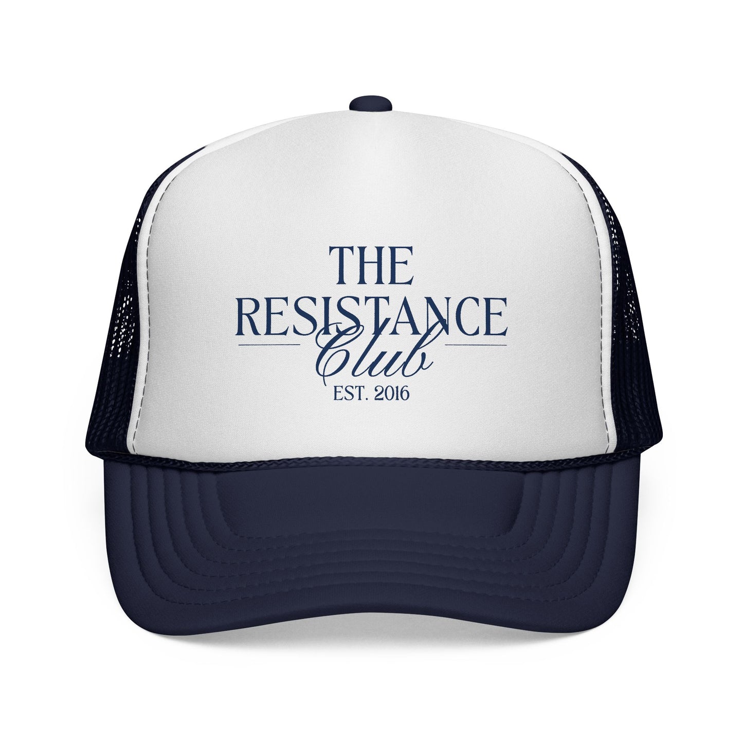 Navy blue and white trucker hat with 'The Resistance Club' text in navy blue
