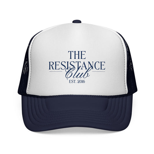 Navy blue and white trucker hat with 'The Resistance Club' text in navy blue