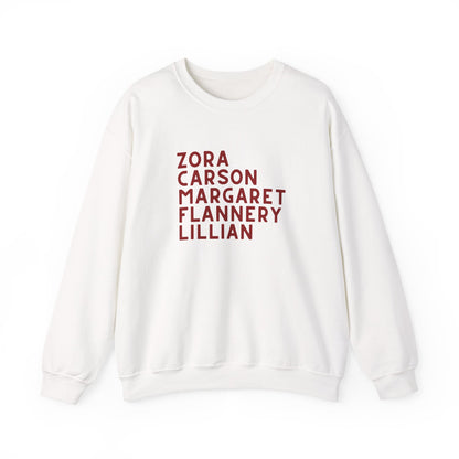 White sweatshirt with red text "Zora, Carson, Margaret, Flannery, Lillian"
