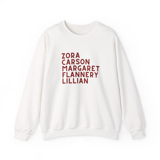 White sweatshirt with red text "Zora, Carson, Margaret, Flannery, Lillian"
