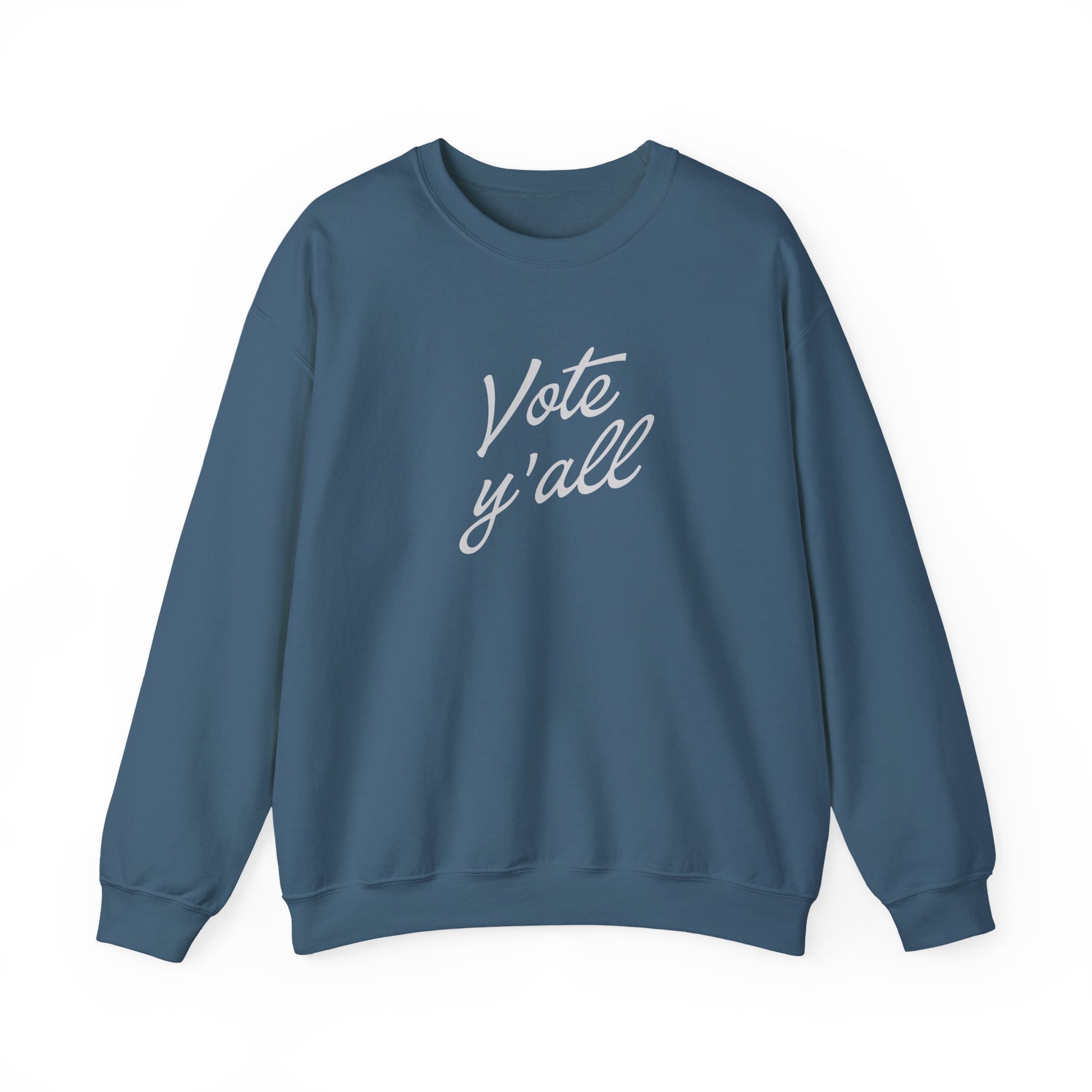 A dark blue crewneck sweatshirt with the words 'Vote y'all' printed in a light gray cursive font on the chest