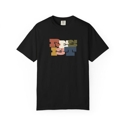 Black t-shirt with colorful "RESIST" text design