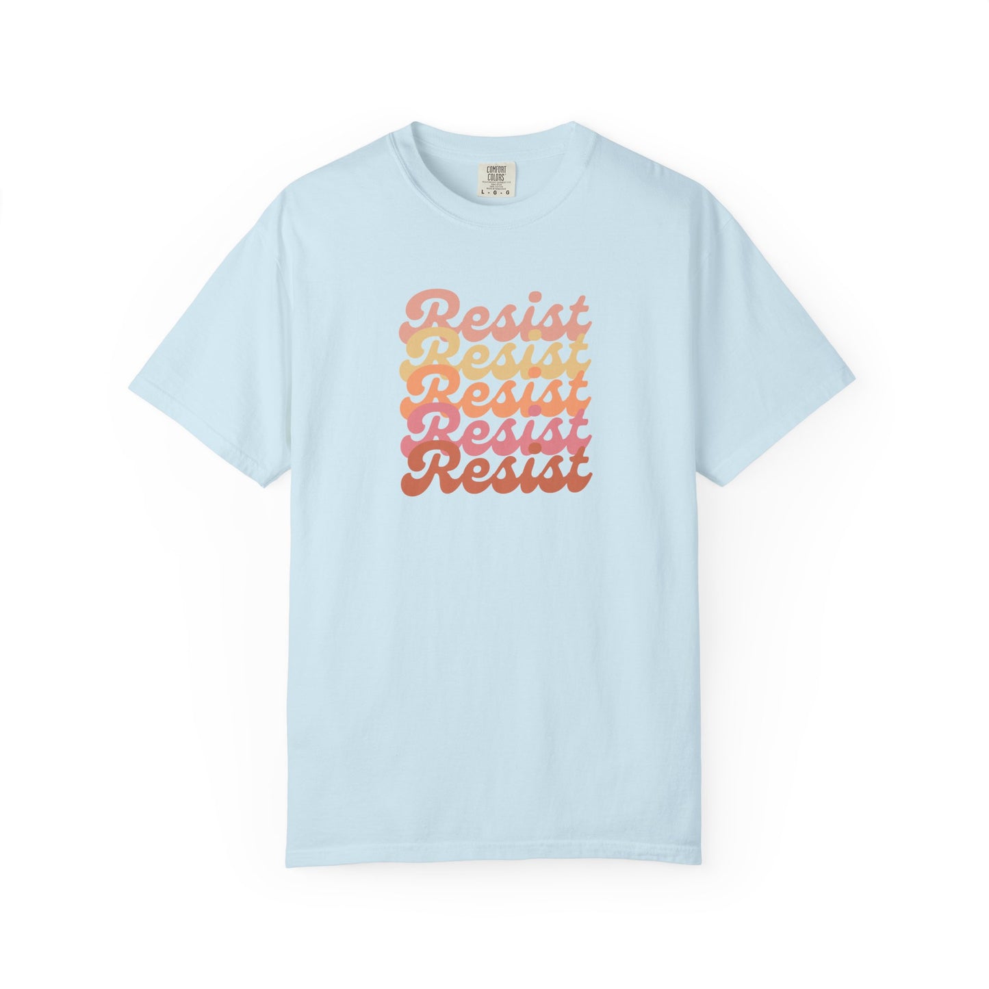 Light blue unisex t-shirt with 'Resist' text in a gradient of colors