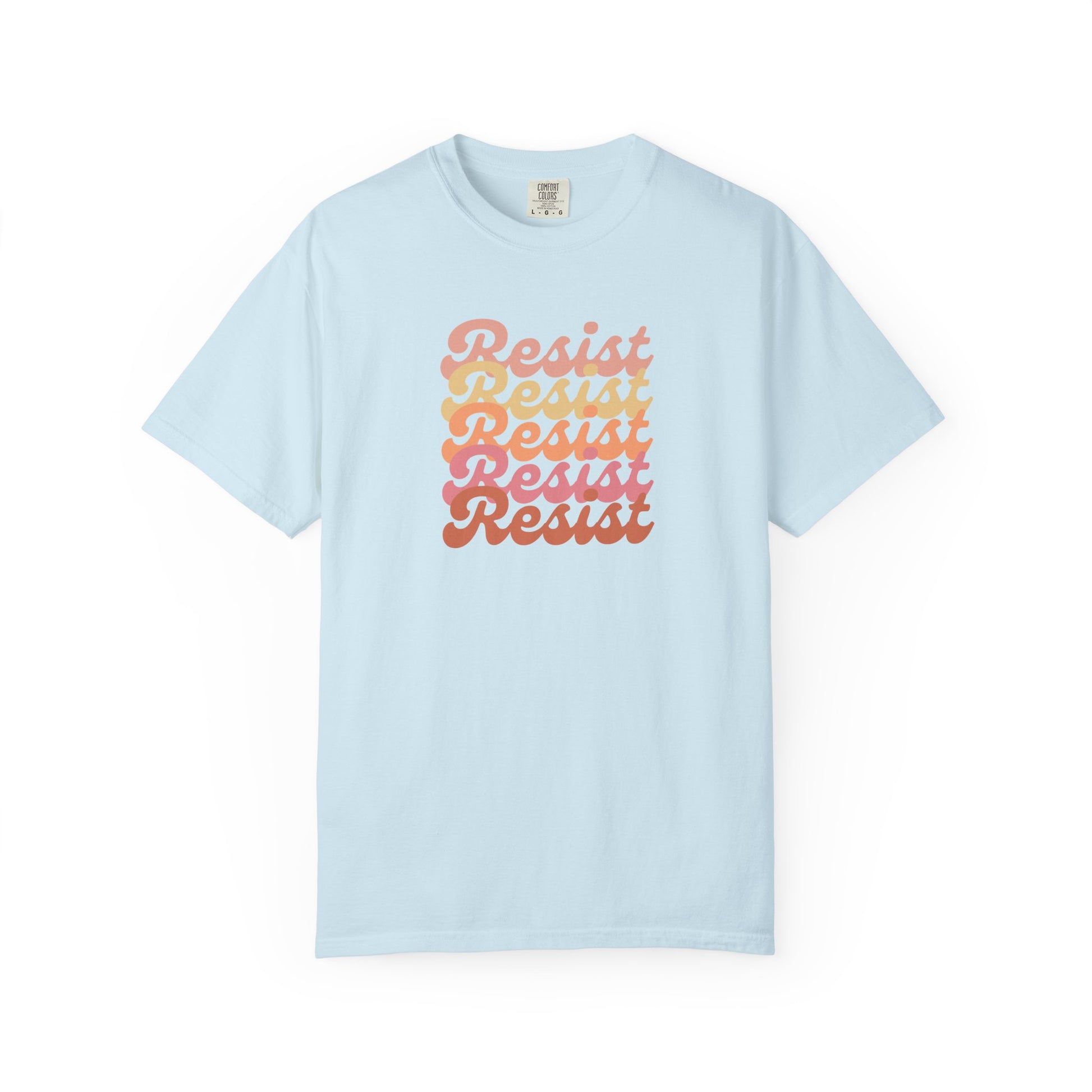 Light blue unisex t-shirt with 'Resist' text in a gradient of colors