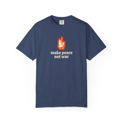 Navy blue  t-shirt with 'make peace not war' in cream text and illustrated fire and dove graphic in orange and white