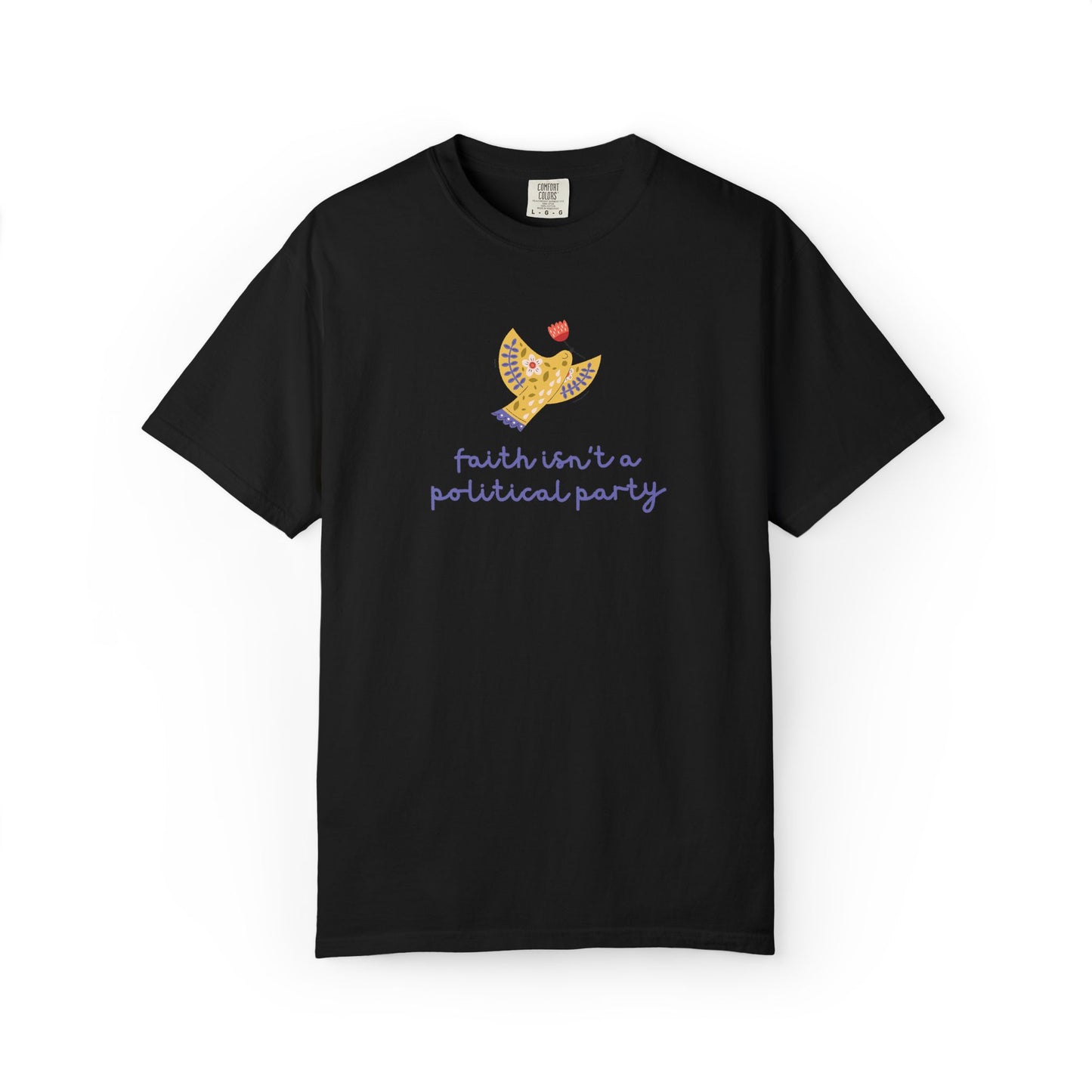 Black t-shirt with a folk art dove graphic and purple text "faith isn't a political party"