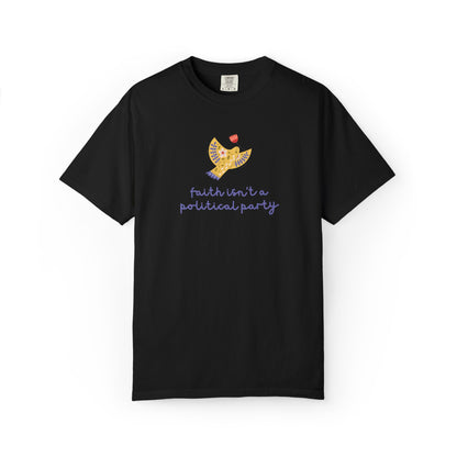 Black t-shirt with a folk art dove graphic and purple text "faith isn't a political party"