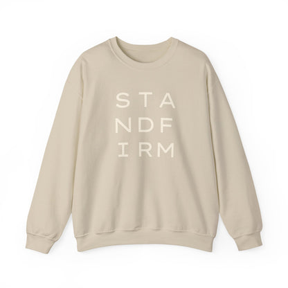Tan unisex crewneck sweatshirt with 'STAND FIRM' cream text 