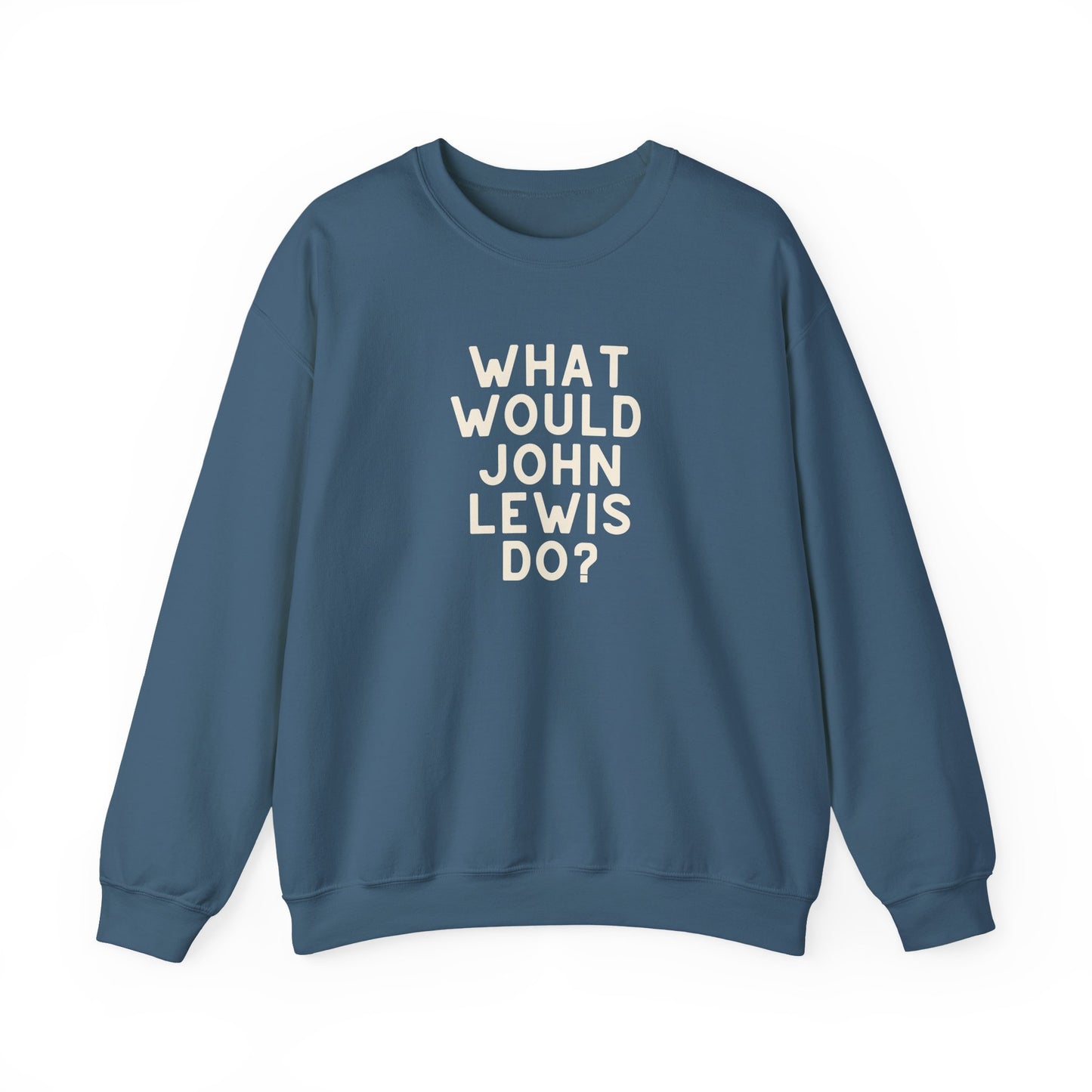 Indigo blue unisex crewneck sweatshirt with 'What Would John Lewis Do?' cream text