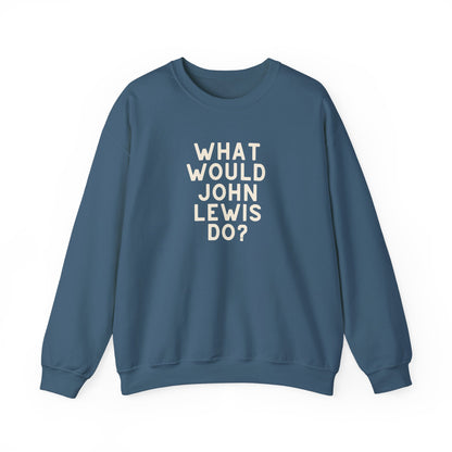 Indigo blue unisex crewneck sweatshirt with 'What Would John Lewis Do?' cream text