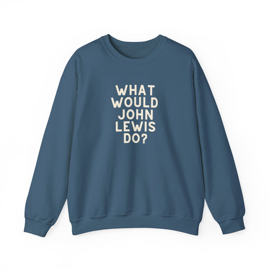 Indigo blue unisex crewneck sweatshirt with 'What Would John Lewis Do?' cream text