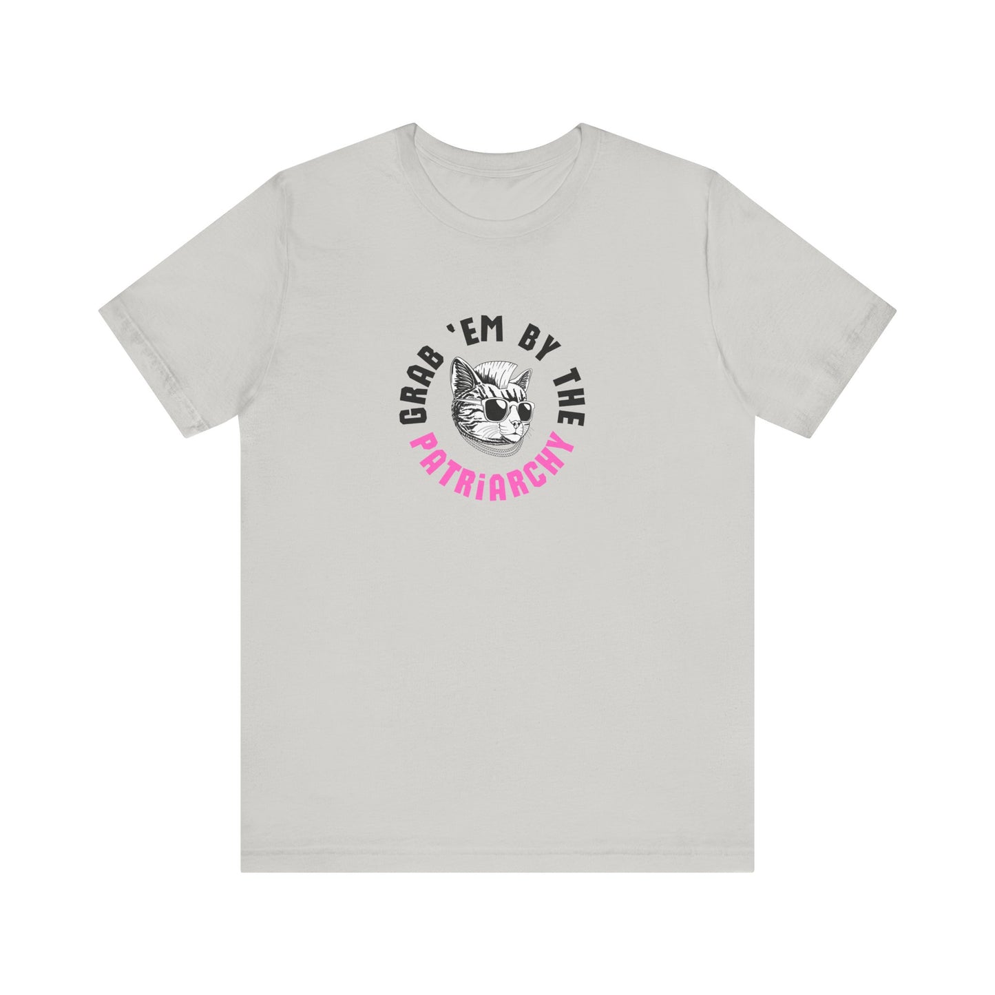 Light gray t-shirt with punk rock graphic design and black and hot pink text "grab 'em by the patriarchy"