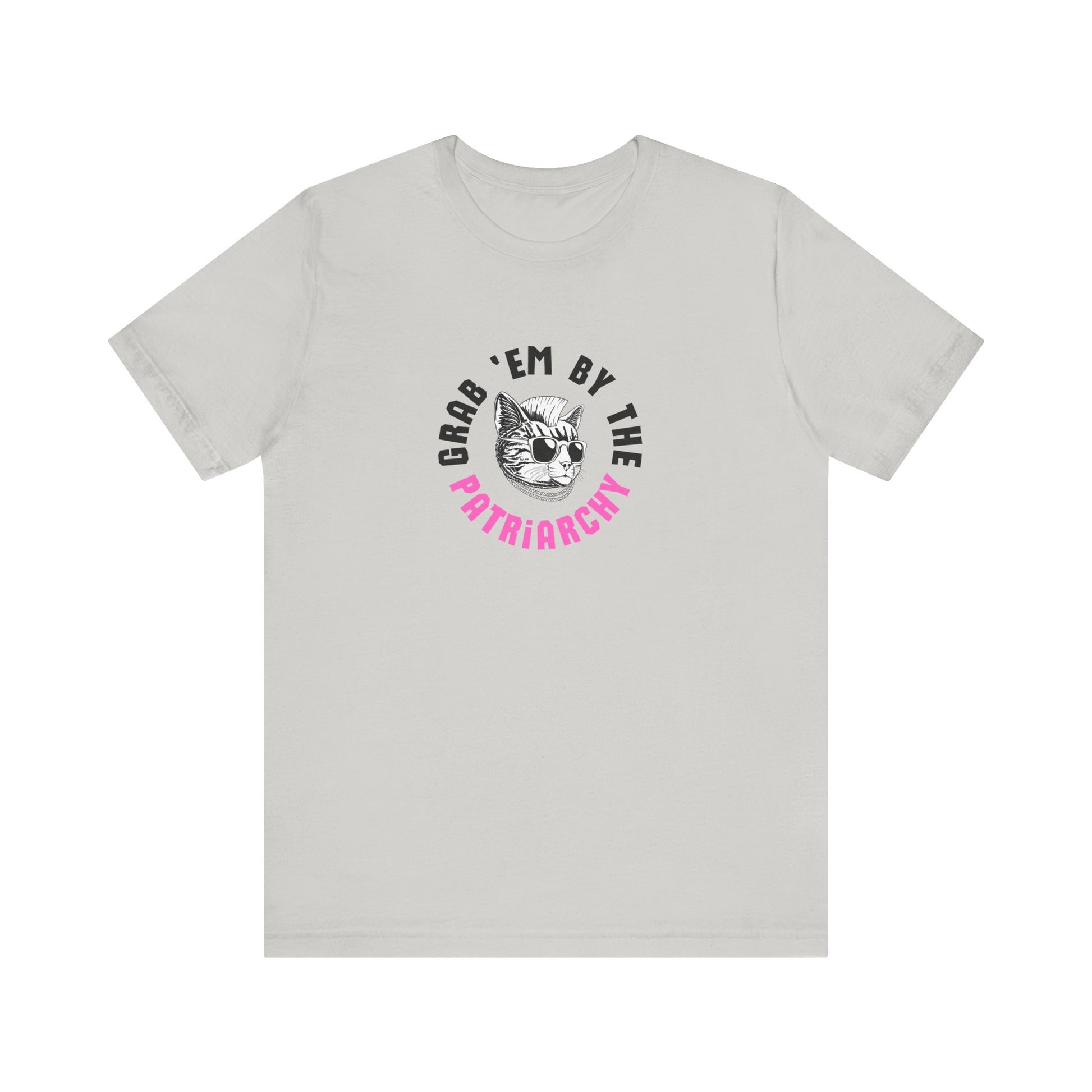 Light gray t-shirt with punk rock graphic design and black and hot pink text "grab 'em by the patriarchy"